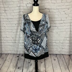 LAVISH Plus Black White Blue Geometric Paisley Print Short Sleeve Top 1X